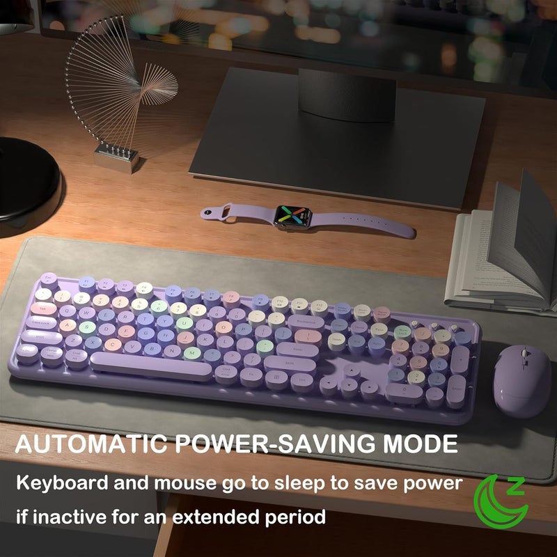 Links9+ Wireless Keyboard and Mouse, Full-Size Retro Typewriter Keyboard with Round Keycaps, 2.4GHz for Windows, Mac, Laptop, PC, Desktop (Purple Colorful) - Image 2